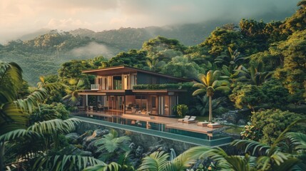 Poster - A picturesque house surrounded by lush green forest. Perfect for nature and real estate concepts