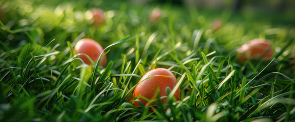 Poster - A group of orange eggs resting on a vibrant green field. Perfect for Easter or spring-themed designs