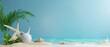The mockup of a summer beach scene with a blue background is rendered in 3D