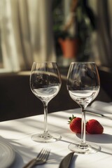 Poster - Two empty wine glasses on a table, perfect for dining or celebration concepts