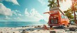 An idyllic summer vacation with a van and beach accessories in a beautiful sea background. A 3D rendered image of a summer vacation.