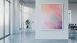 Soft, ethereal colors create a dreamlike atmosphere in a contemporary office space, punctuated by a pristine white frame silently urging the imagination to run wild.