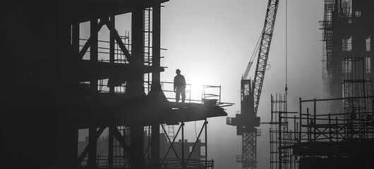 Aufkleber - A man standing on top of a building under construction. Ideal for illustrating construction work