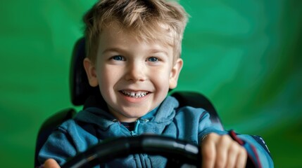 Poster - Young boy happily driving a toy car, suitable for children's activities concept
