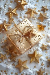 Poster - A gift wrapped in gold paper surrounded by gold stars. Perfect for celebrations and special occasions
