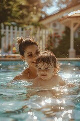 Poster - A woman holding a baby in a swimming pool. Suitable for family and summer vacation concepts