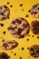 Poster - Delicious chocolate chip cookie surrounded by chocolate chips. Perfect for bakery or dessert concept