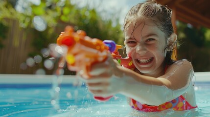 Poster - Young girl having fun with water gun, perfect for summer activities