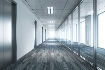 Poster - Modern interior design with glass walls and wooden flooring. Suitable for architectural and interior design concepts