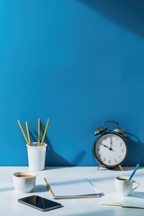 Poster - A desk with a clock and a cup of coffee. Suitable for office and time management concepts