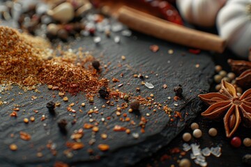 Poster - Various spices on a wooden table, perfect for food blogs