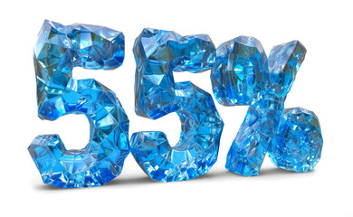 Wall Mural - 3D number 55% in vibrant blue in crystal shape on a transparent background