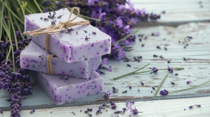 Poster - A bunch of soap displayed on a wooden table, perfect for hygiene or spa concepts