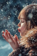 Wall Mural - A little girl blowing snow in the air. Suitable for winter-themed projects