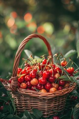 Poster - Fresh cherries in a basket, perfect for food and fruit themes