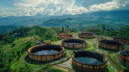 Poster - Several large water tanks seen from above. Suitable for industrial, environmental, or infrastructure concepts