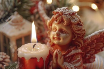 Poster - Festive angel with candle next to Christmas tree. Ideal for holiday designs