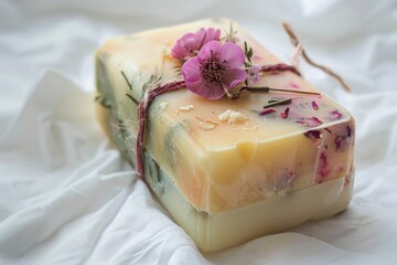 Poster - A piece of soap topped with colorful flowers. Perfect for spa and beauty concepts