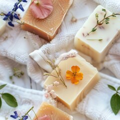 Poster - A bunch of soap bars on a white towel. Perfect for hygiene and cleanliness concepts
