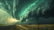 The dramatic sight of a supercell thunderstorm, the cloud structure detailed in shades of dark gray and green, swirling ominously over a rural landscape