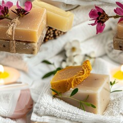 Poster - A bunch of soap bars sitting on top of a towel. Perfect for hygiene and spa concepts