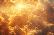 Celestial display of white and golden clouds with sunbeams breaking through