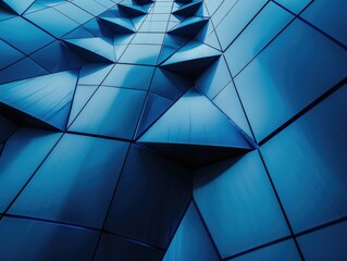 Urban building facades, blue geometric shapes