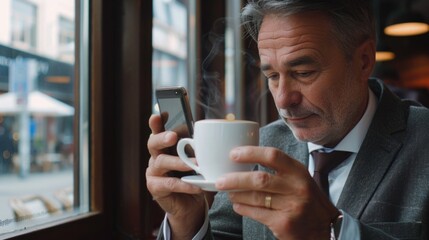 Poster - A man looking at his cell phone while holding a cup of coffee. Perfect for illustrating modern technology and daily routine