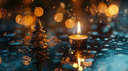 Poster - A lit candle next to a festive Christmas tree. Perfect for holiday decorations