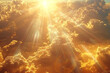 Celestial display of white and golden clouds with sunbeams breaking through