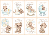 Fototapeta Boho - Baby milestone cards with cute cartoon baby bears. Newborn special moments. Celebrating birth of baby boy and child growth with funny animals, Baby shower clipart, nursery print, birthday poster