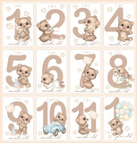 Fototapeta Boho - Baby first year milestone cards with cute cartoon baby bears. Newborn month cards. Kids age tags Numbers and Teddy Bear. Monthly celebrating child birth growth with funny characters, nursery print