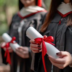 Wall Mural - A graduate holds a white rolled diploma with a red ribbon in front of her fellow graduates. Concept for celebrating successful university graduation and receiving diploma.