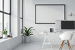 Tranquil office environment with minimalist design and a pristine white frame, encouraging productivity and innovation.