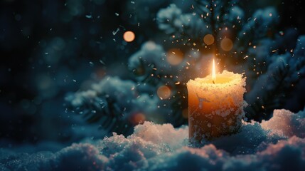 Poster - Lit candle in snow by Christmas tree, perfect for holiday designs