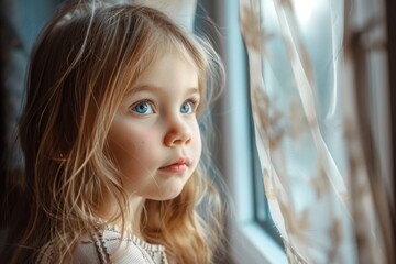 Aufkleber - A little girl gazing out of a window. Suitable for various concepts