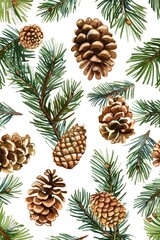Poster - Pine cones and branches on a white background. Suitable for winter and nature themes