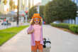 Travelling concept. Portrait of child traveler with travel bag. Little tourist with suitcase ready to travelling.