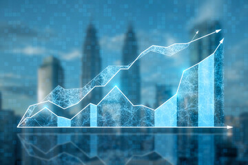 Poster - Abstract growing digital business chart on bright city backdrop. Business strategy development and growth plan. Double exposure.