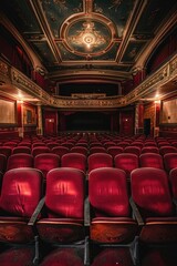 Poster - An empty theater with red seats and a high ceiling. Suitable for various entertainment or event concepts