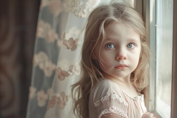 Aufkleber - A young girl gazing through a window, suitable for various concepts