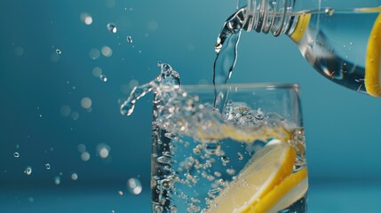 Poster - Glass filled with water and lemon slices, perfect for summer drink concept