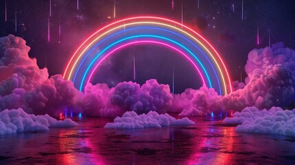 Neon outline of geometric rainbow, clouds on a starry night background, bold colors, 80s neon retro