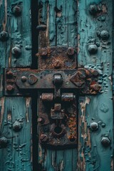 Poster - Close up of a rusty lock on a wooden door, suitable for security or vintage concepts