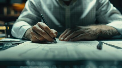 Poster - A man sitting at a table with a pen and paper. Suitable for educational or office concepts