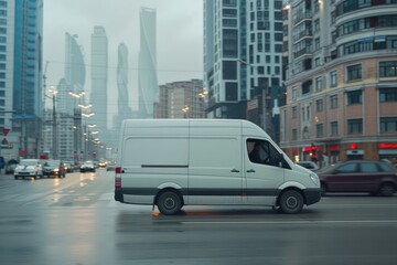 Poster - A white van driving down a street next to tall buildings. Suitable for transportation or urban city concepts