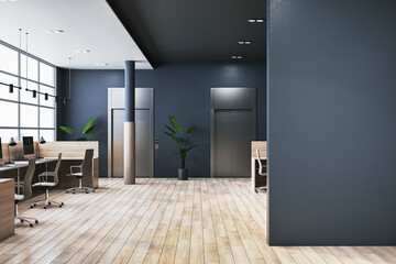 Wall Mural - Modern coworking office interior with mock up place, wooden flooring, panoramic windows with city view, dark concrete walls and various items and objects. 3D Rendering.