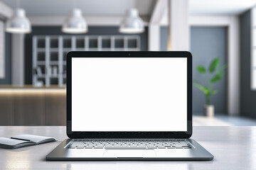 Poster - Close up of modern designer desktop with empty white mock up laptop screen and blurry office with bookshelves in the background. 3D Rendering.