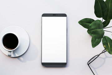 Poster - Top view white office desk with coffee cup, decorative plant, glasses and empty white mock up smartphone. Morning, workplace and close up concept. 3D Rendering.