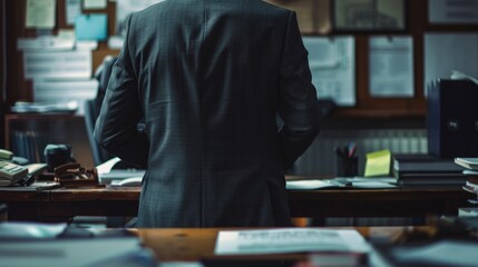 Sticker - A man in a suit standing at a desk. Suitable for business and office concepts